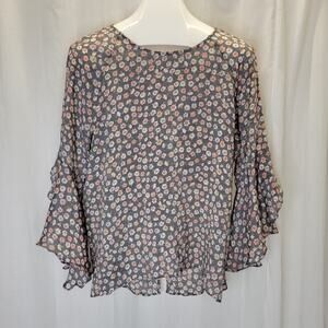 Lauren Conrad Gray, Pink Floral Blouse Dramatic Sleeves, M